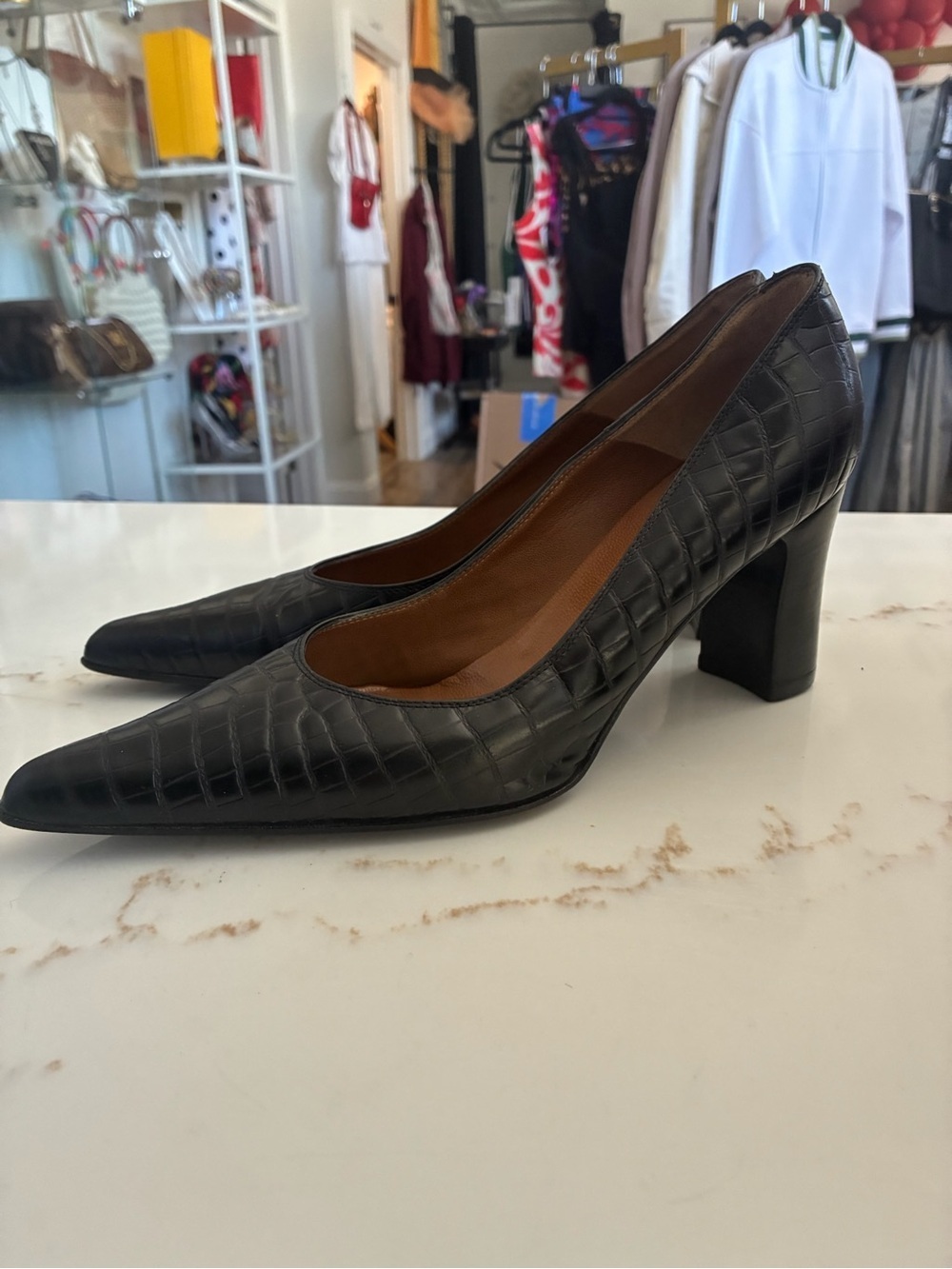 Brooks Brothers Black Croc-Embossed Pointed Block Heel Pumps